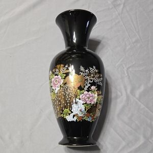 Black Vase with Gold and Pink Floral Design